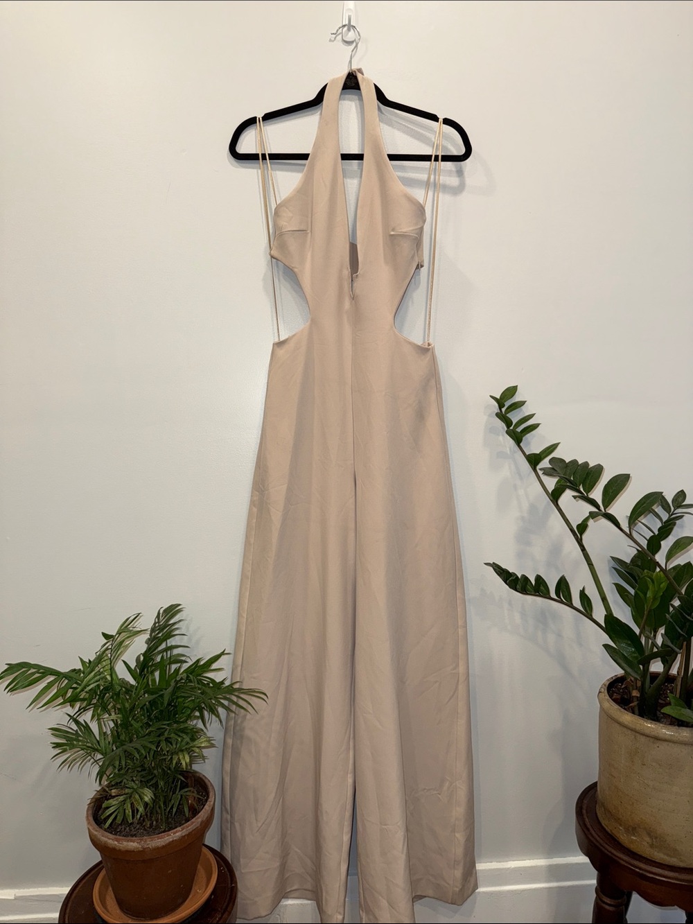Zara Beige Halter Cutout Wide-Leg Jumpsuit